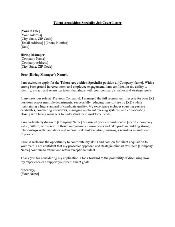 Sample Talent Acquisition Specialist Job Cover Letter