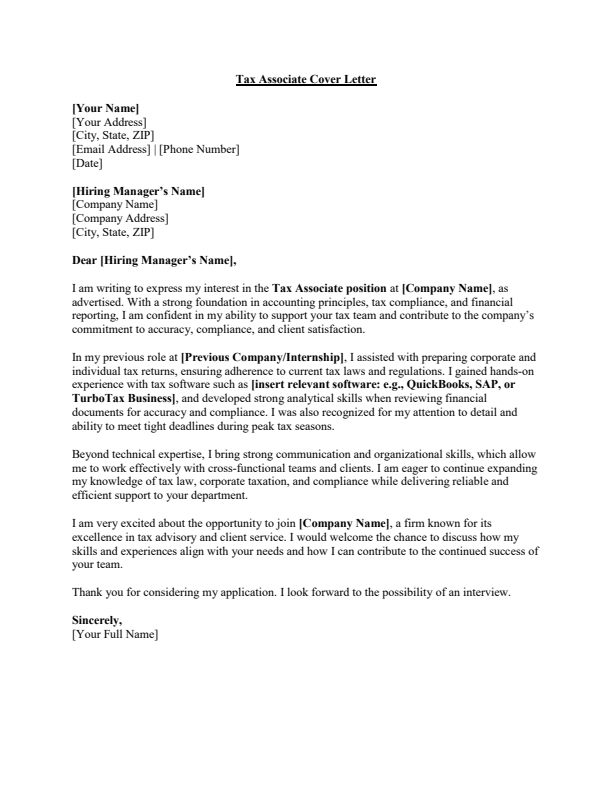 Sample Tax Associate Job Cover Letter