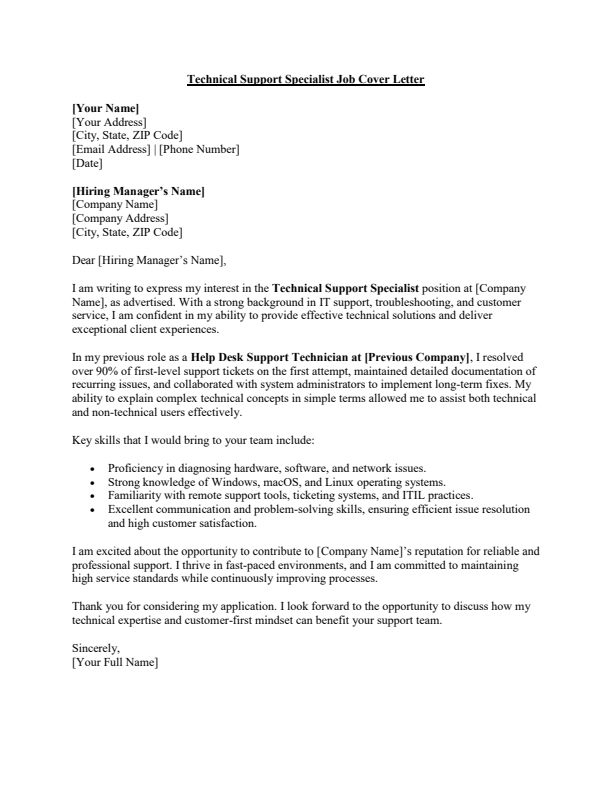 Sample Technical Support Specialist Job Cover Letter