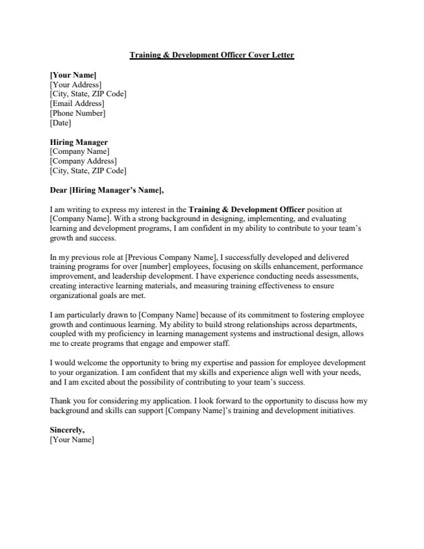 Sample Training & Development Officer Job Cover Letter