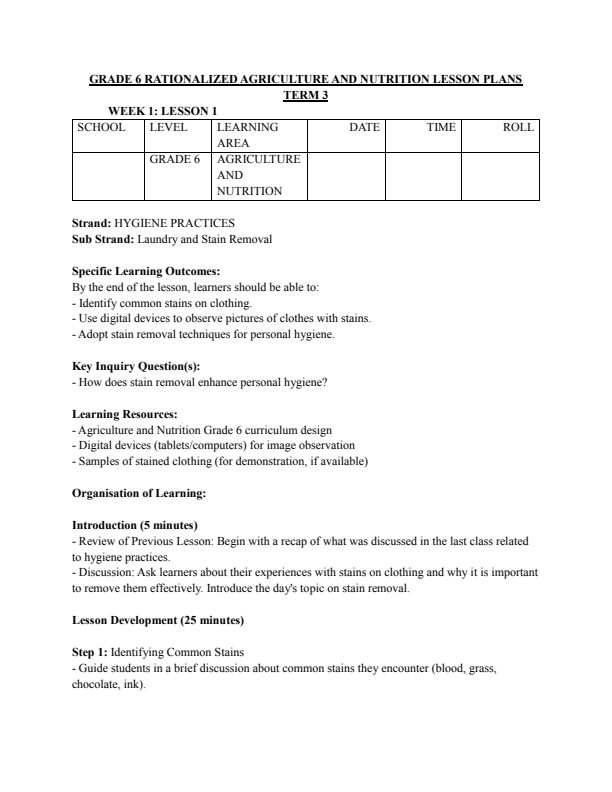 Grade 6 Agriculture and Nutrition Lesson Plans Term 3