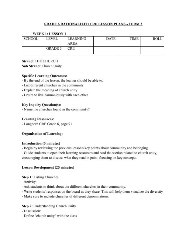 Grade 6 CRE Lesson Plans Term 3