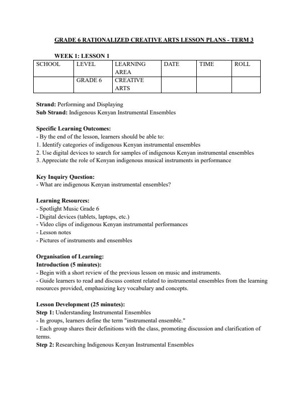 Grade 6 Creative Arts Lesson Plans Term 3