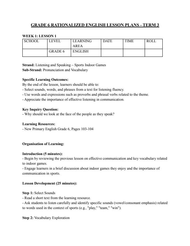 Grade 6 English Lesson Plans Term 3