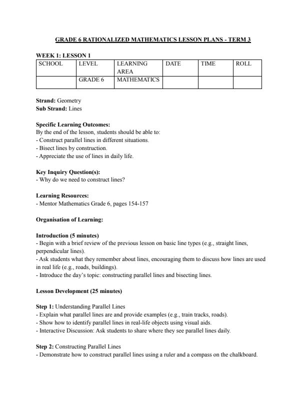 Grade 6 Mathematics Lesson Plans Term 3