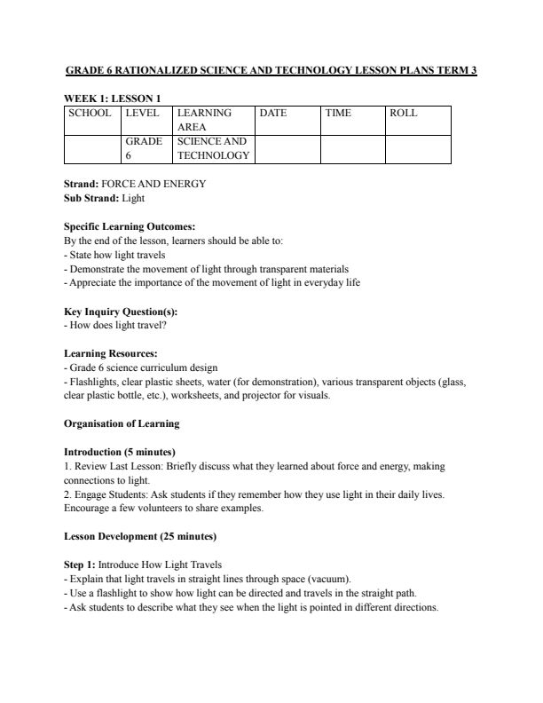 Grade 6 Science and Technology Lesson Plans Term 3