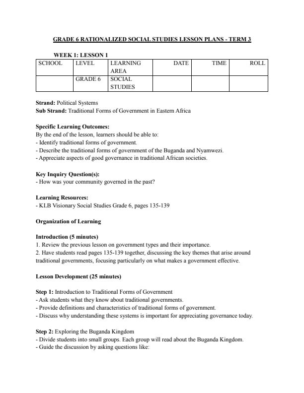 Grade 6 Social Studies Lesson Plans Term 3
