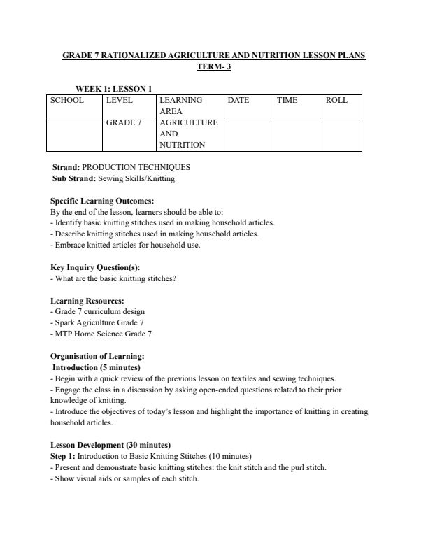 Grade 7 Agriculture and Nutrition Lesson Plans Term 3