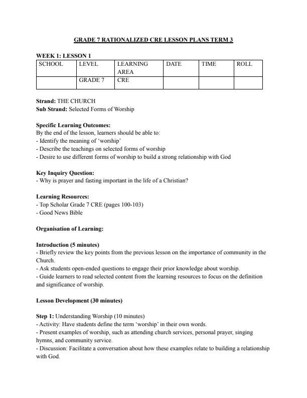 Grade 7 CRE Lesson Plans Term 3