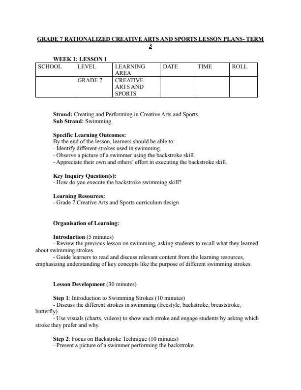 Grade 7 Creative Arts and Sports Lesson Plans Term 3