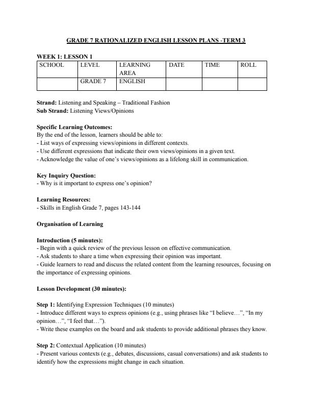 Grade 7 English Lesson Plans Term 3
