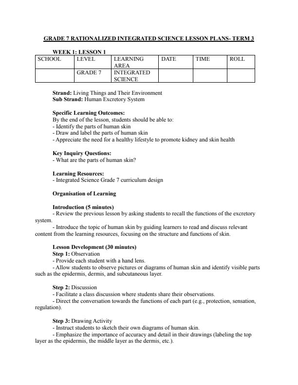 Grade 7 Integrated Science Lesson Plans Term 3