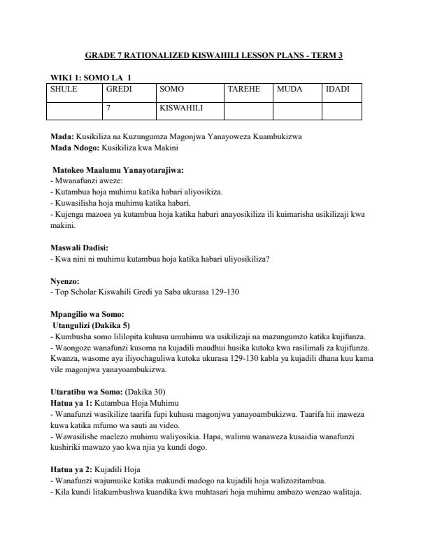 Grade 7 Kiswahili Lesson Plan Term 3