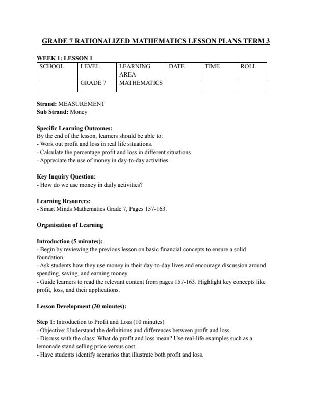 Grade 7 Mathematics Lesson Plans Term 3