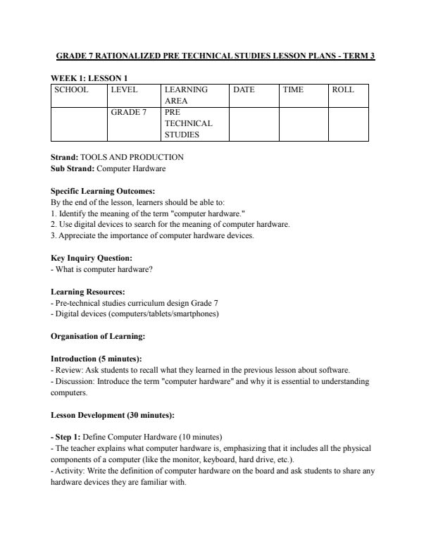 Grade 7 Pre-Technical Studies Lesson Plans Term 3