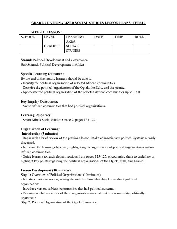 Grade 7 Social Studies Lesson Plans Term 3