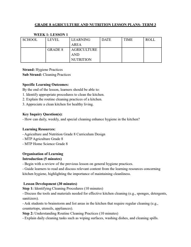 Grade 8 Agriculture and Nutrition Lesson Plans Term 3