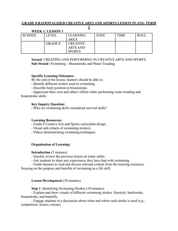 Grade 8 Creative Arts and Sports Lesson Plans Term 3