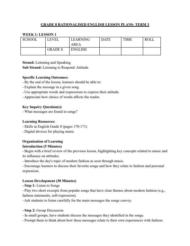 Grade 8 English Lesson Plans Term 3