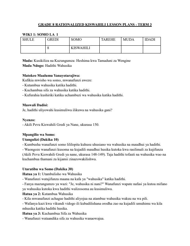 Grade 8 Kiswahili Lesson Plans Term 3