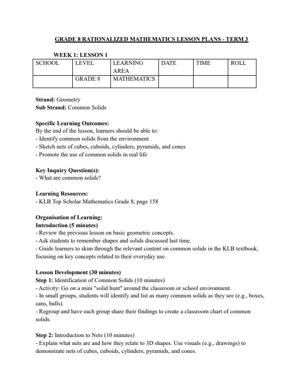 Grade 8 Mathematics Lesson Plans Term 3