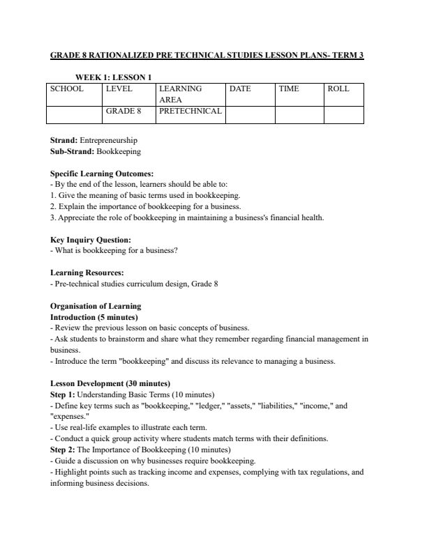 Grade 8 Pre-Technical Studies Lesson Plans Term 3