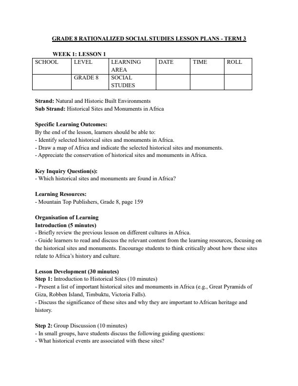 Grade 8 Social Studies Lesson Plans Term 3