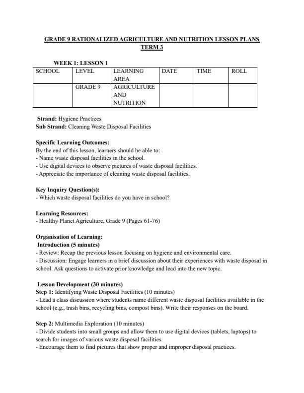 Grade 9 Rationalized Agriculture and Nutrition Lesson Plans Term 3