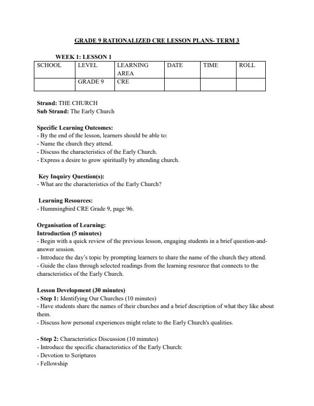 Grade 9 CRE Lesson Plans Term 3