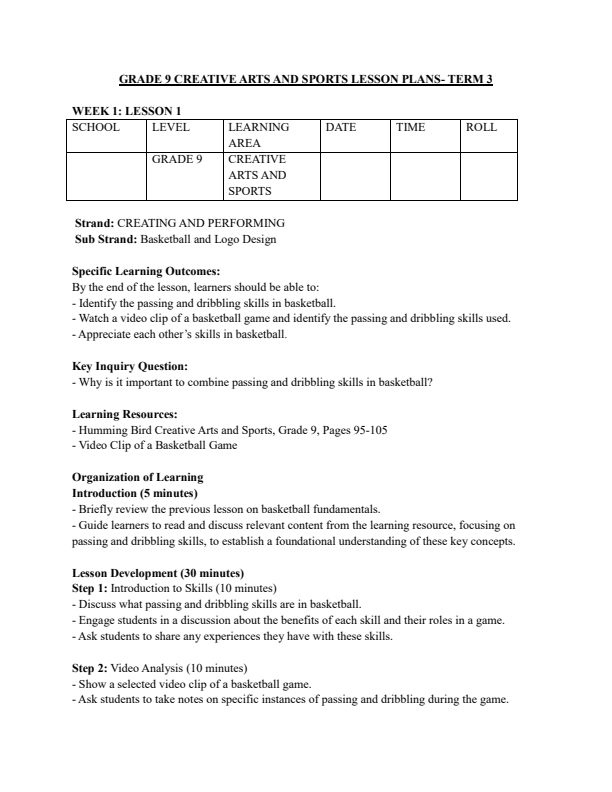 Grade 9 Rationalized Creative Arts and Sports Lesson Plans Term 3