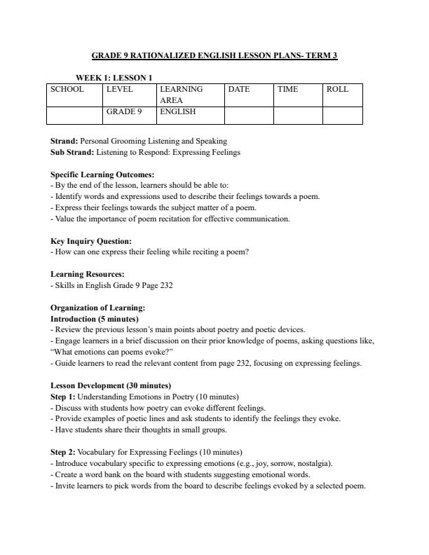 Grade 9 English Lesson Plans Term 3