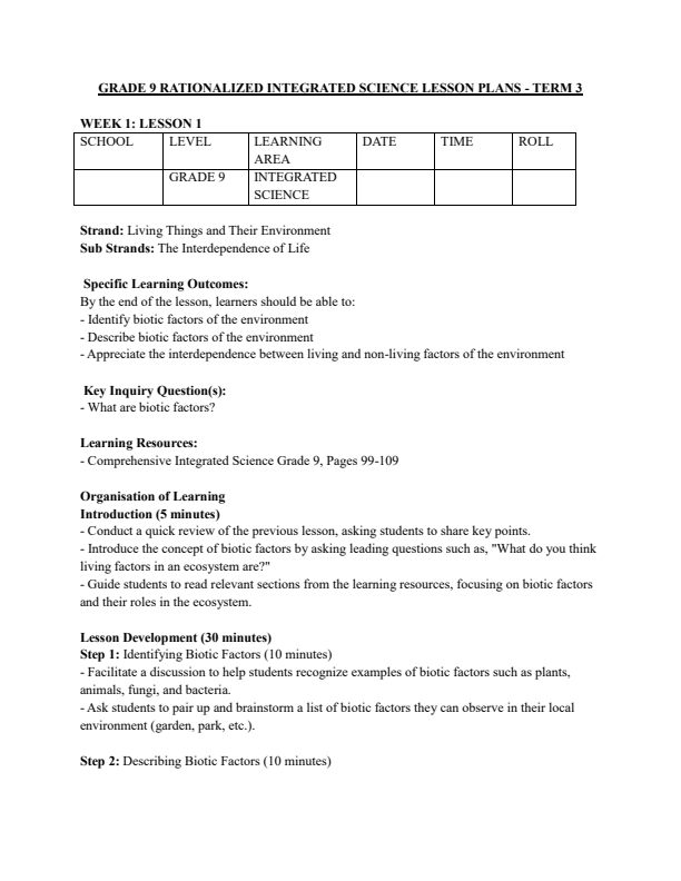 Grade 9 Rationalized Integrated Science Lesson Plans Term 3