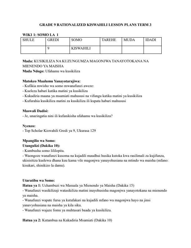 Grade 9 Rationalized Kiswahili Lesson Plans Term 3