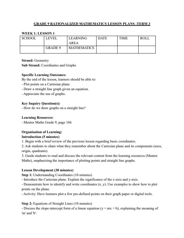 Grade 9 Mathematics Lesson Plans Term 3