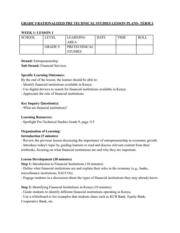 Grade 9 Rationalized Pre Technical Studies Lesson Plans Term 3