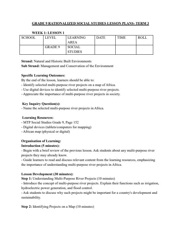 Grade 9 Social Studies Lesson Plans Term 3
